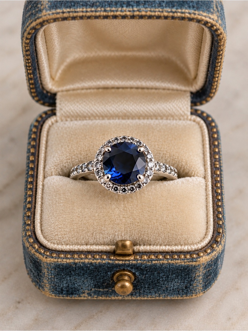 Diamonique Blue Sapphire Halo Ring Platinum Clad Sterling Silver Vintage Size 10